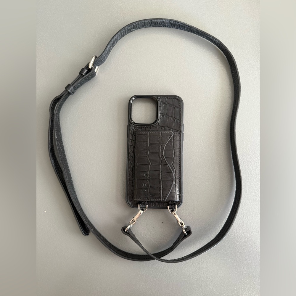 Pels 100% Leather Black Croc-Embossed iPhone 13 Pro Max Case with Strap